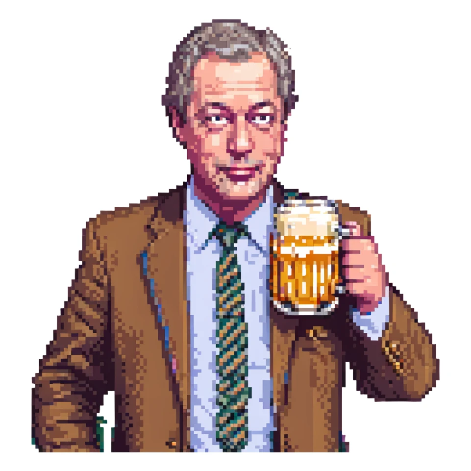Nigel Farage sipping a pint of lager, pixel art style sticker