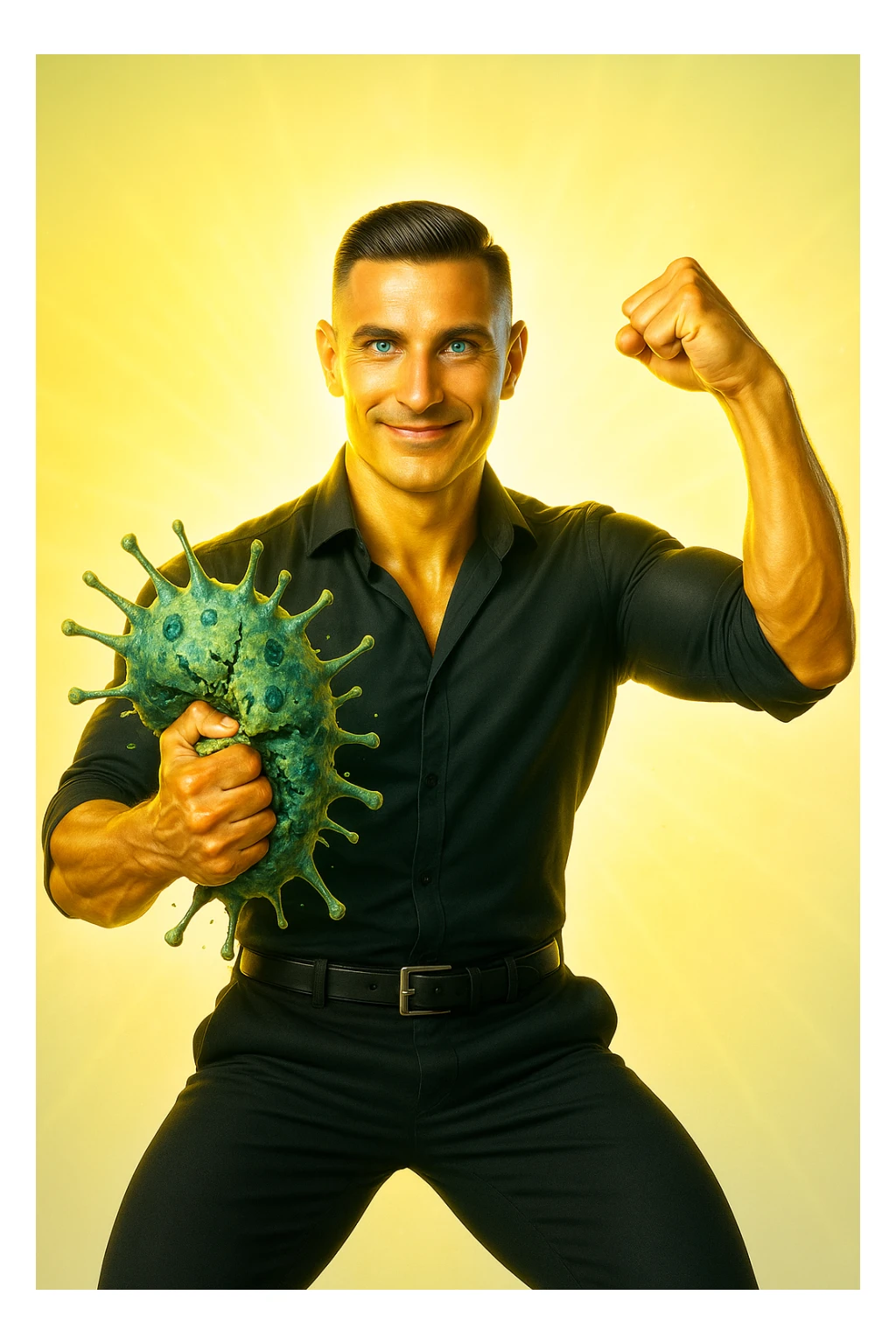Un uomo atletico (30-40 anni) dalla pelle perfettamente liscia, senza cicatrici o imperfezioni, che emana un leggero bagliore dorato (metafora degli anticorpi).
Occhi brillanti con riflessi blu-verdi (simbolo di salute estrema).
Postura eroica, con un braccio sollevato in un gesto di forza, mentre con l'altro tiene un batterio gigante schiacciato come se fosse un mostro sconfitto. sticker