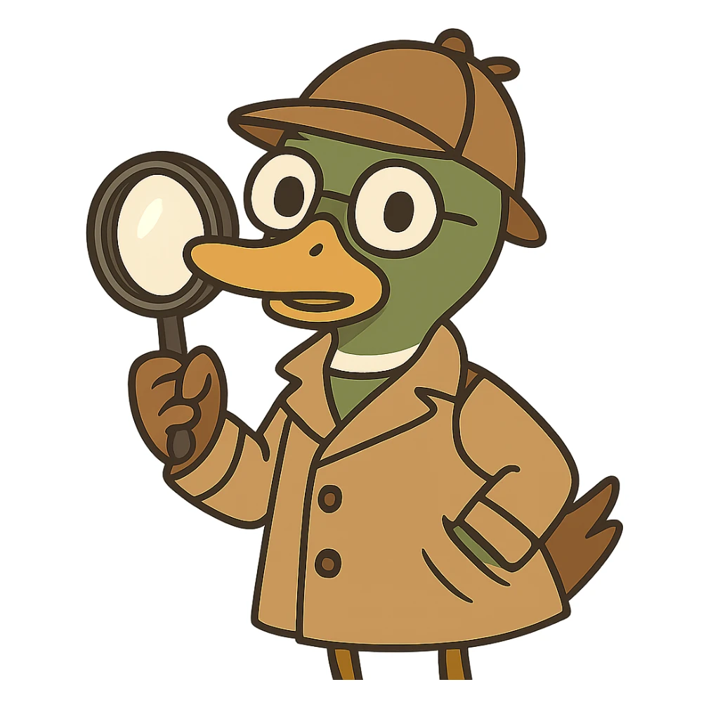Make this mallard duck detective match the style and outfit of the first image: cute, cartoon, wearing a trench coat and detective hat, holding a magnifying glass, with no background. sticker