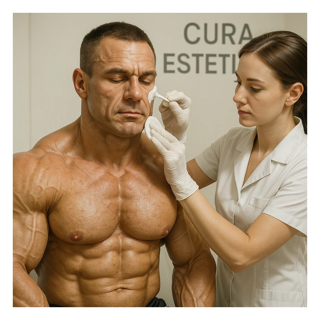 bodybuilder undergoing aesthetic treatments to prevent wrinkles, hyper realistic style, well visible muscles, esthetician applying treatment, text 'Cura estetica', professional atmosphere, light background sticker