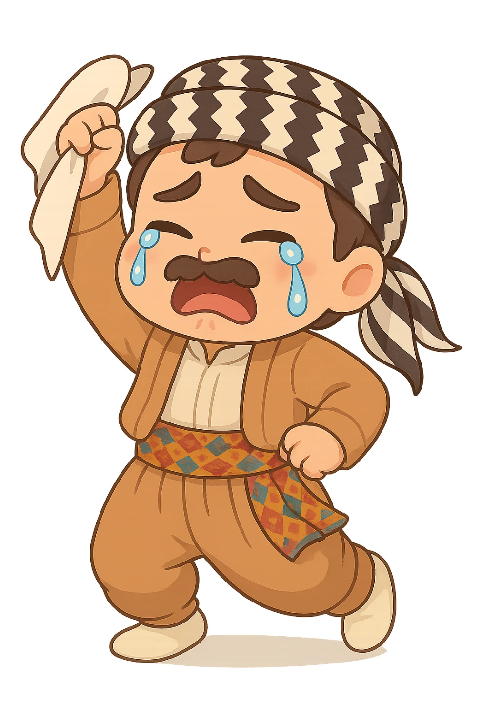 Create a chibi Kurdish cartoon sticker based on the reference image, showing a crying (sad) expression, with a transparent background. sticker