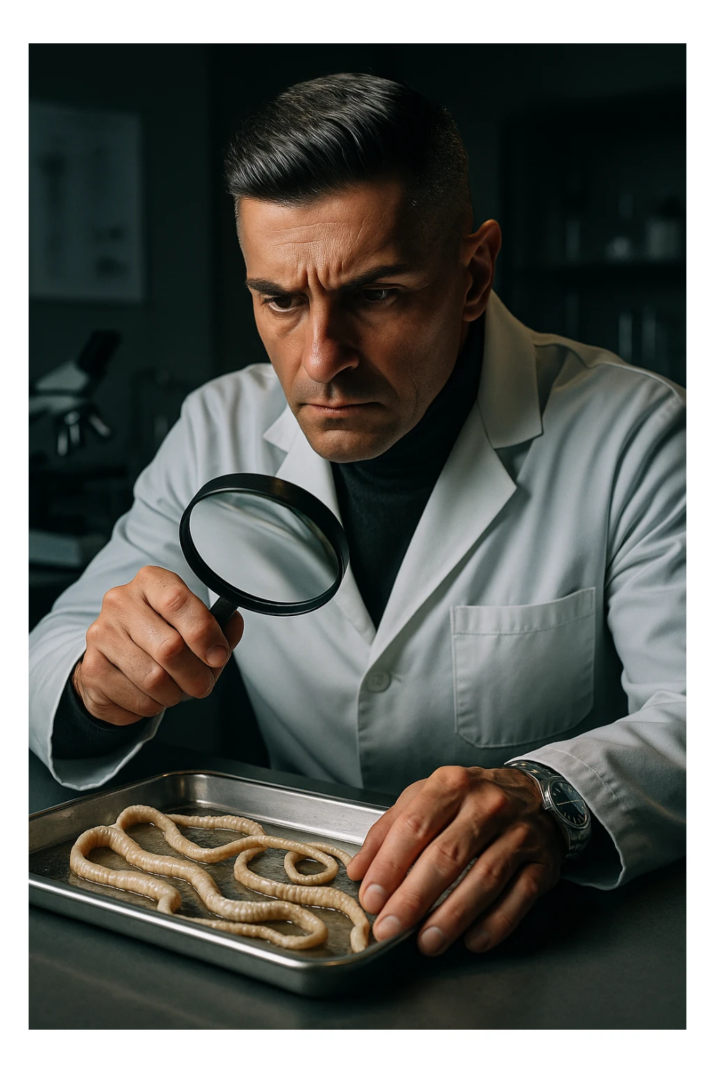 A middle-aged male kinesiologist wearing a pristine white lab coat, intensely analyzing long, beige tapeworms (like Taenia) under a magnifying glass. His expression is focused and slightly concerned, with dramatic studio lighting casting sharp shadows. The parasites are highly detailed, moist, and textured, stretched across a sterile metal tray. The background is blurred but suggests a clinical environment—hints of a microscope, medical charts, and clean lab equipment. The style is hyper-realistic, with a cinematic contrast between the bright white coat and the grotesque, organic forms of the parasites. No sci-fi elements, just raw medical realism with a disturbing edge sticker