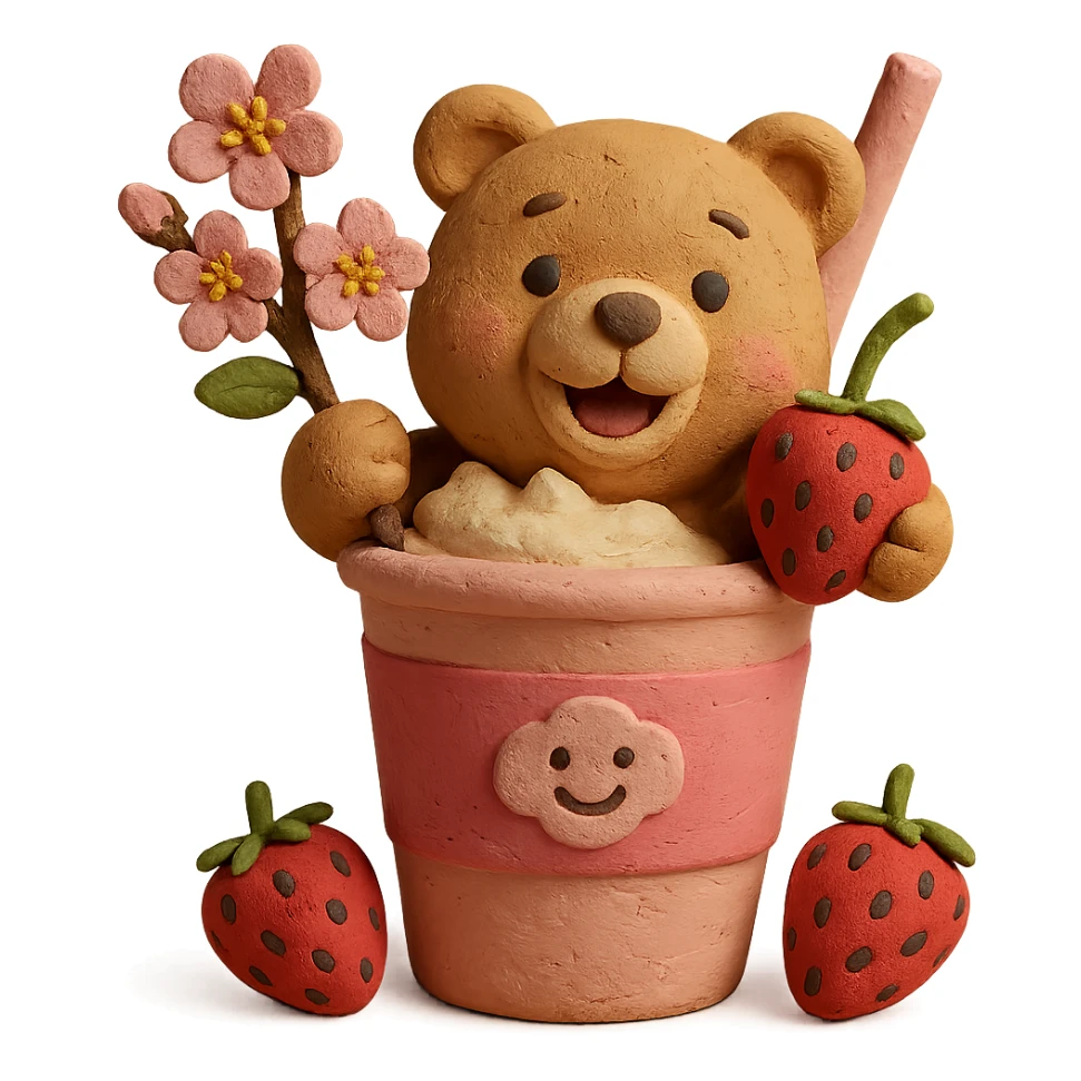 Pastel 3D claymation style milkshake cup with a straw, smiling bear peeking out, two strawberries, soft shadows, minimal look, no background sticker