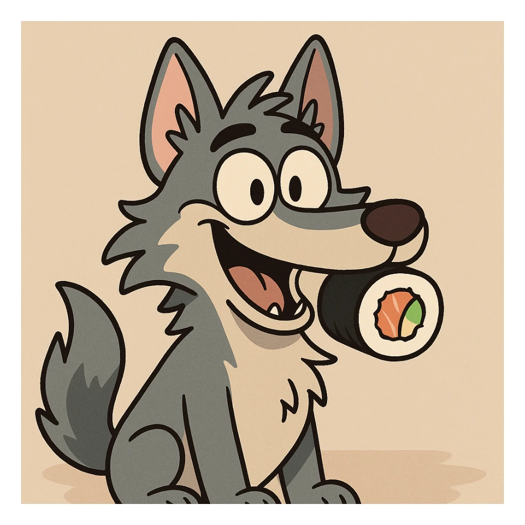 cartoon wolf with a sushi roll in its mouth, playful style sticker