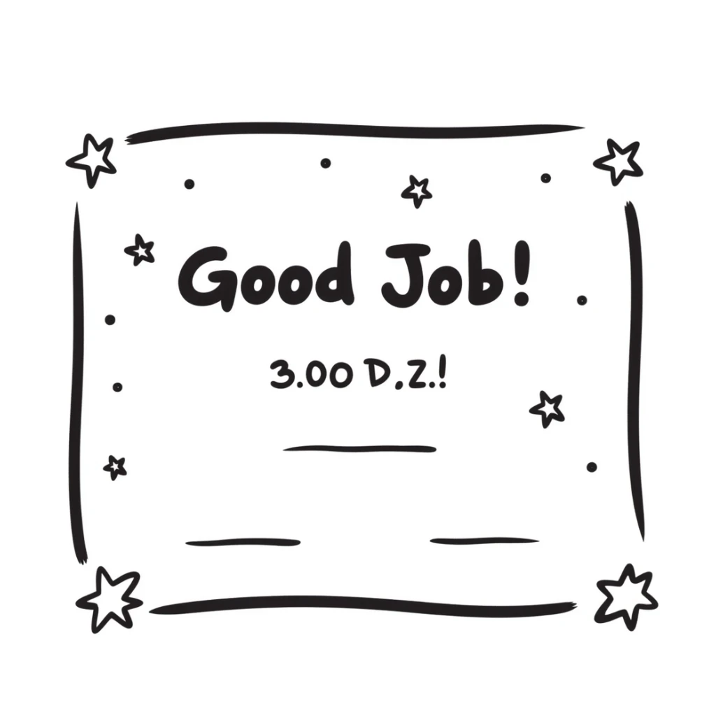 Certificate with decorative border, "Good Job!" text in the center, and stars scattered around the edges sticker