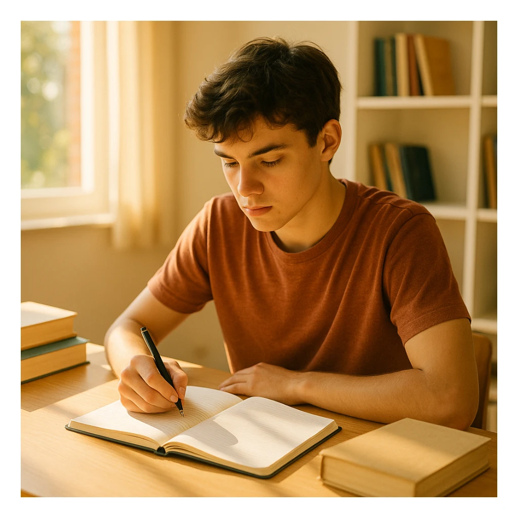 student studying, sitting at desk, focused expression, notebook and books, bright and warm atmosphere sticker