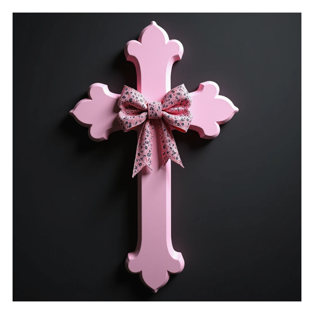 realistic gothic cross, pink with a lace bow, photorealistic style sticker