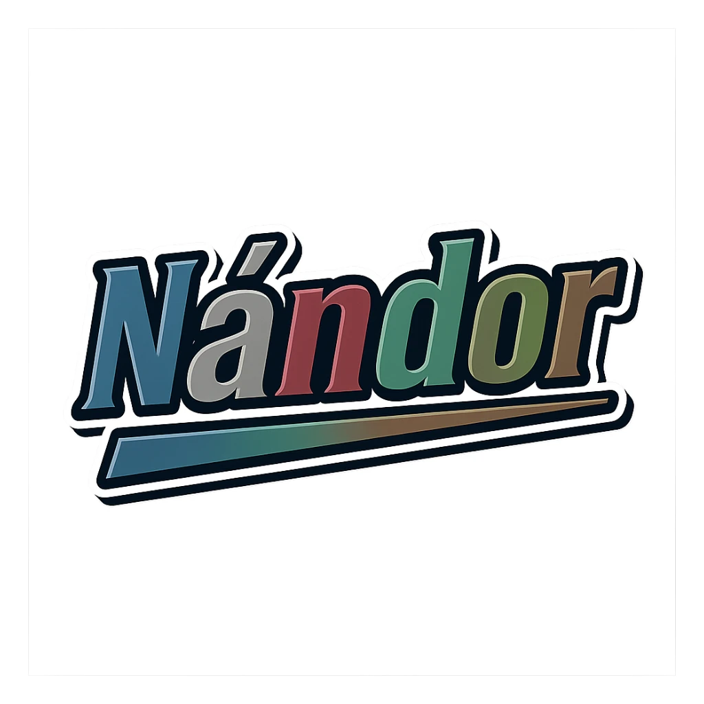 Nándor name in masculine, modern, gradient font with precise Hungarian characters, dark outline, extra thick, prominent white border as in reference images, dynamic slanted underline, masculine color shades (blue, gray, burgundy, green, brown), 1000x1000 px, PNG, transparent background sticker