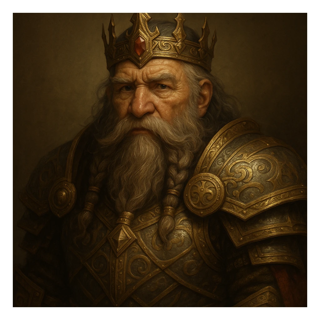 a wise dwarf king with a crown and ornate armor, fantasy style, detailed character illustration sticker