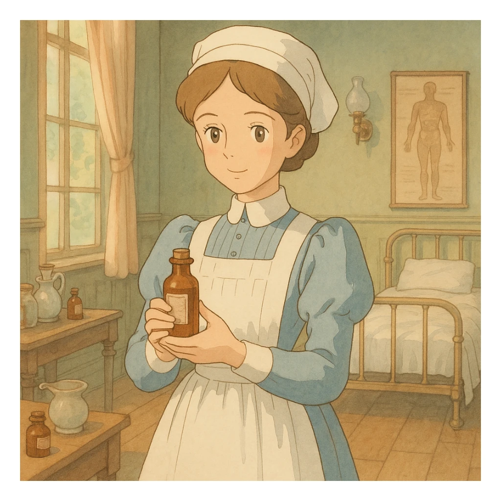 victorian nurse holding a medicine bottle sticker