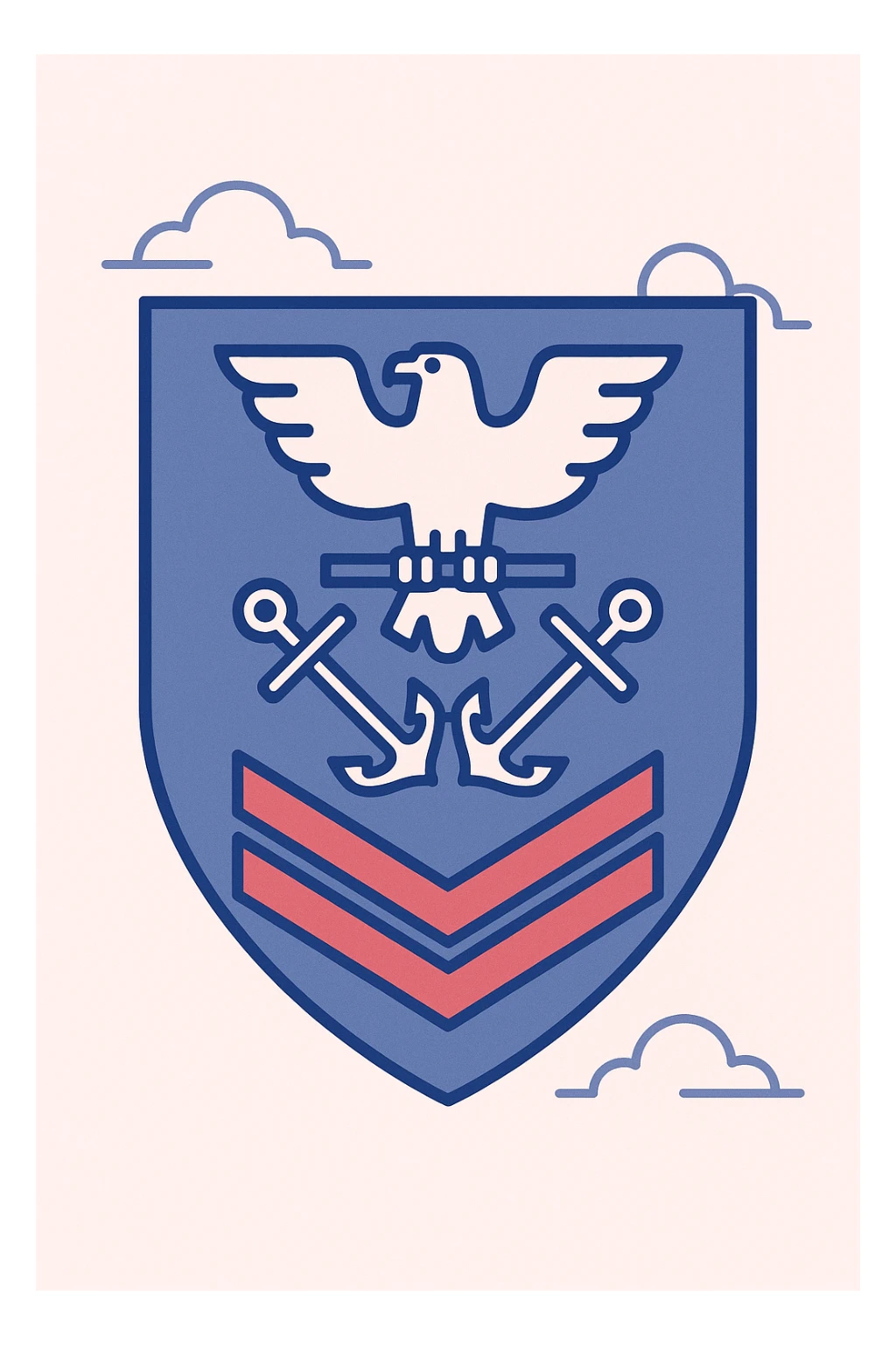 blue shield insignia with a white eagle holding a bar at the top, crossed white anchors below the eagle, and four red chevrons at the bottom, military rank badge style sticker
