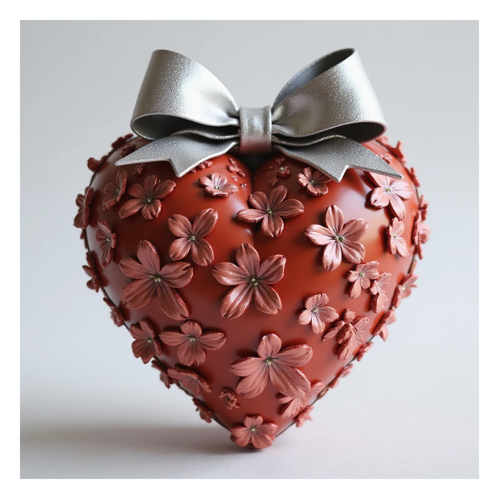 realistic heart with flowers, silver bow with heart pattern on the bow, photorealistic style sticker