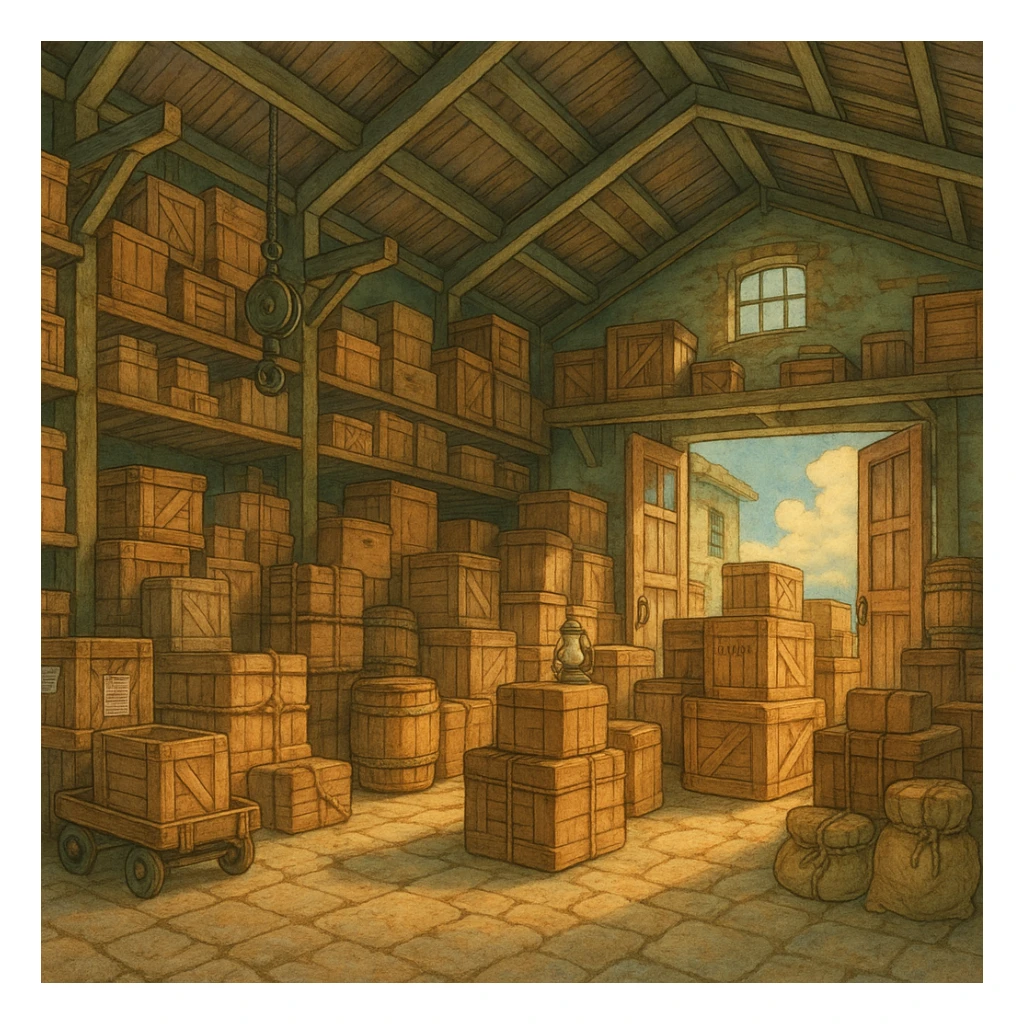 cargo warehouse, ghibli-inspired illustration style sticker