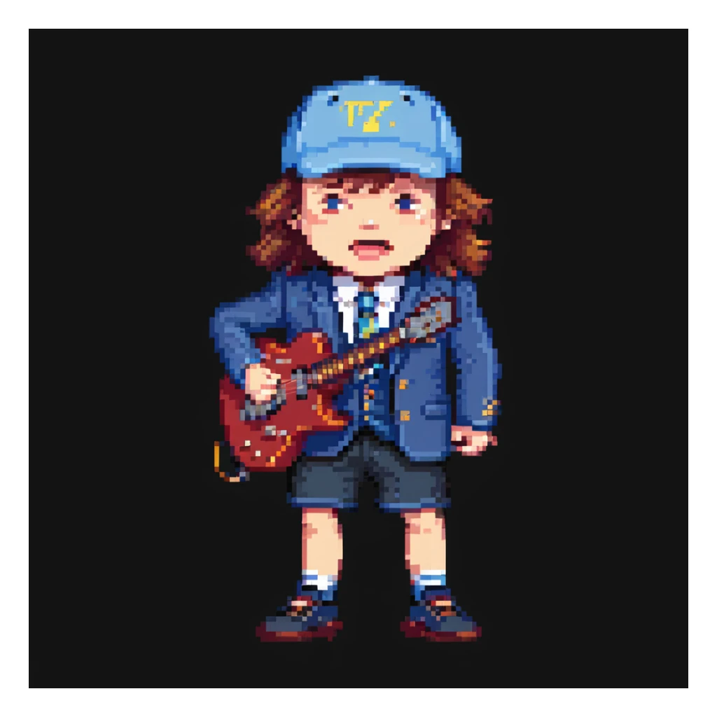 Angus Young in school uniform, blue blazer, shorts, and cap, rocking out, pixel art style sticker