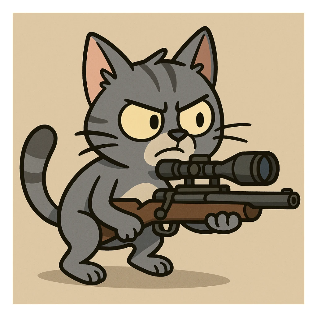 cartoonish small grey cat aiming a sniper rifle, exaggerated proportions sticker