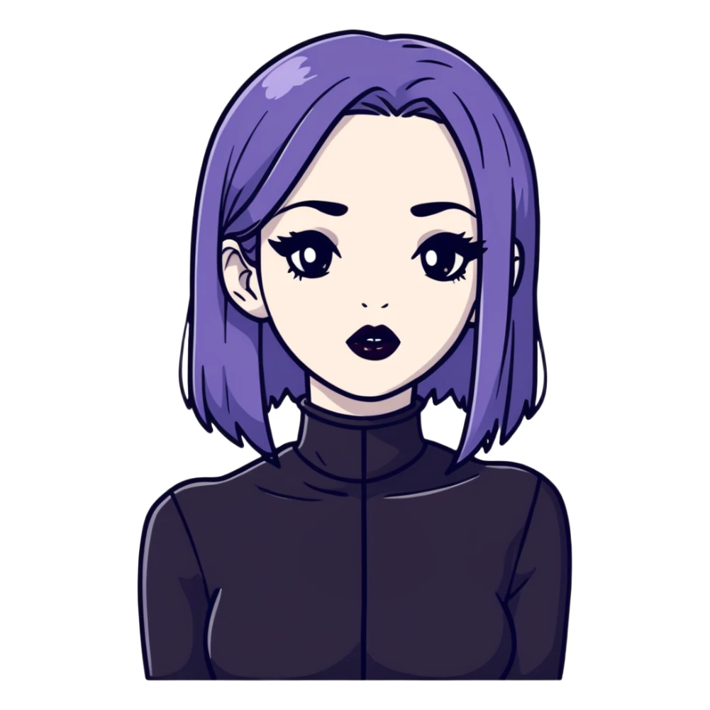 black goth with pale skin, dark lipstick, black outfit sticker