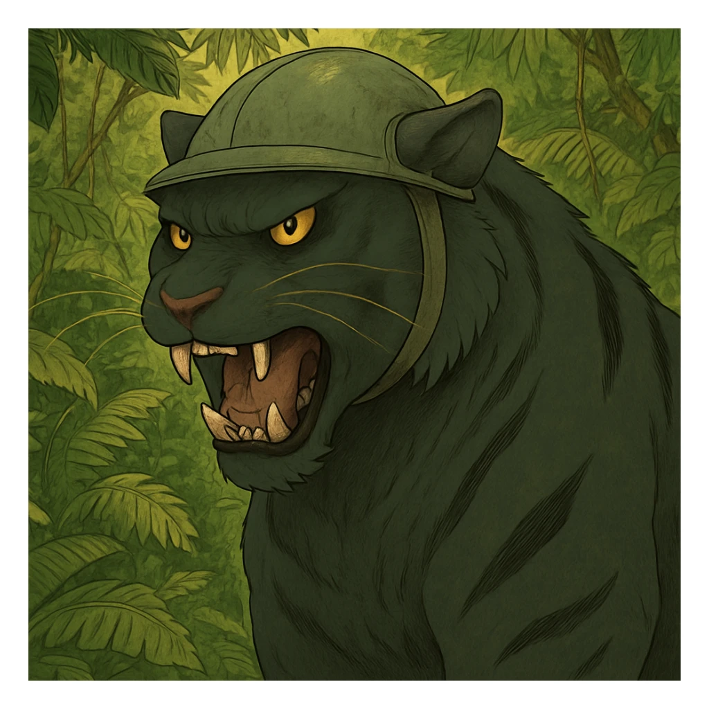 Add a lush jungle background behind the angry black tiger wearing a helmet, keep the original style and mood sticker