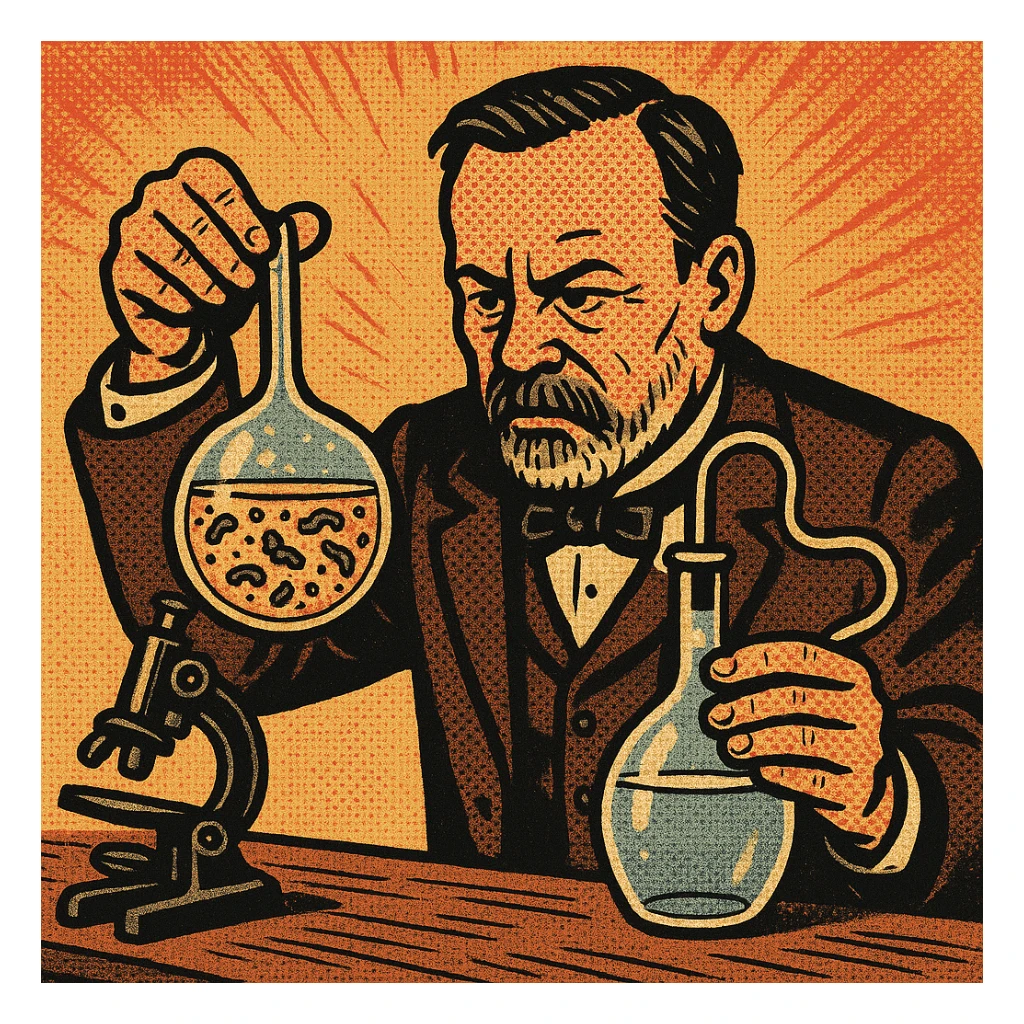 A victorian scientist like Louis Pasteur experimenting with two glass flasks.  One of the flasks has an open top and contains lot of bacteria in the water.  The other flask is sealed and contained clear water.  There is also a microscope on Pasteur's desk sticker