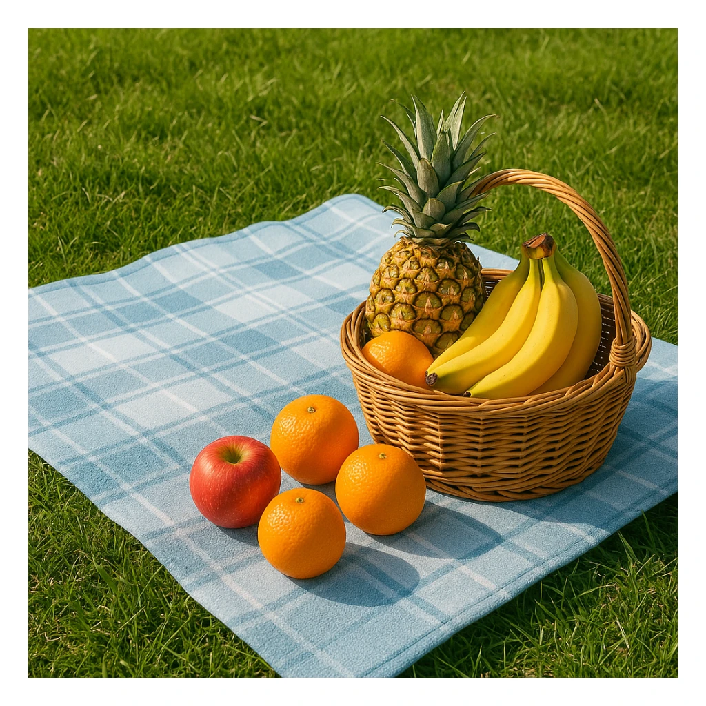 Green grass with a light blue plaid blanket and a basket of fruit on it sticker