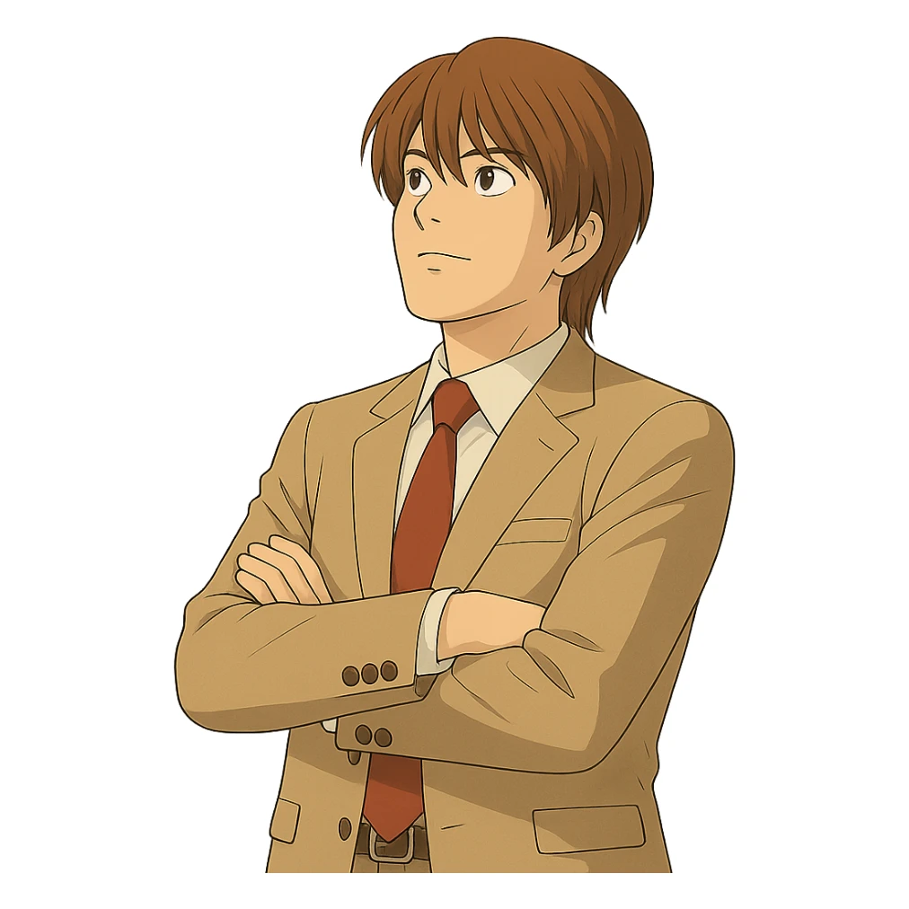 Make this exact Light Yagami in Ghibli style, standing with his arms crossed and looking upward, same suit, same confident expression. Match the face, hair, and suit details exactly to the reference. Transparent background. sticker