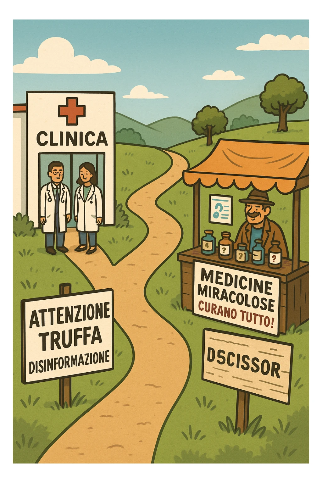 two paths diverge—one leads to a trustworthy clinic with doctors and scientific posters, the other to a shady stand selling “miracle” medicines with exaggerated claims. Signs along the second path warn of scams and misinformation. The scene encourages viewers to choose reliable, science-based healthcare. in italiano sticker