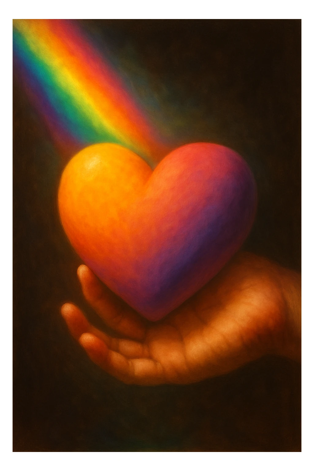 A hand holding a heart with a warm gradient, including yellow, orange, purple and lilac shades, a ray of rainbow light and darker muted tones, aspect ratio 3x4, glow, realistic hand sticker