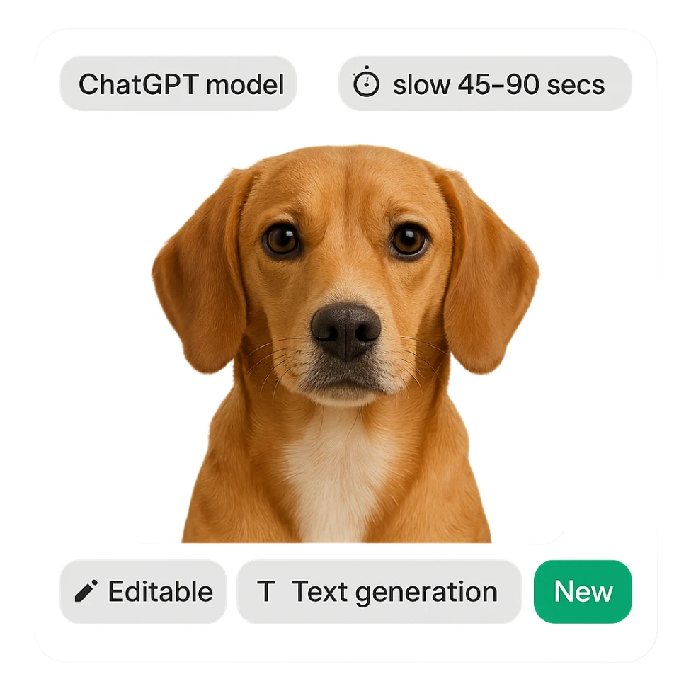 1:1 image of a dog for web UI, modern seamless look, including tags 'ChatGPT model', 'Speed icon: slow 45-90 secs', 'Editable', 'Text generation', 'New' as part of the image design sticker