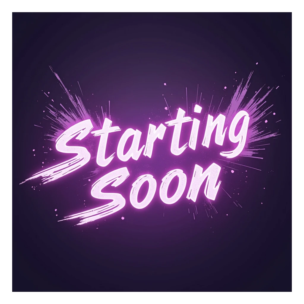 "stream starting soon" cyberpunk style text splash overlay lavender sticker