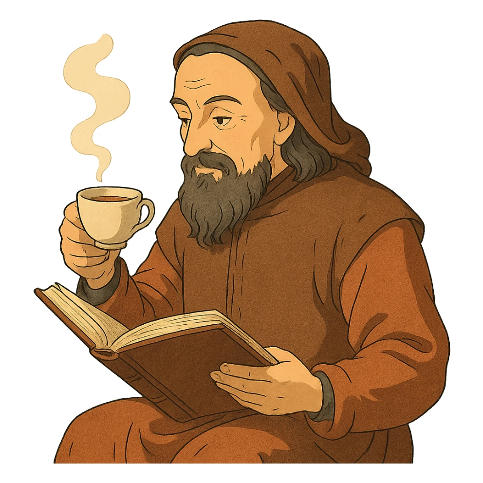 Chaucer reading a book and drinking tea, detailed, warm colors, ghibli style sticker