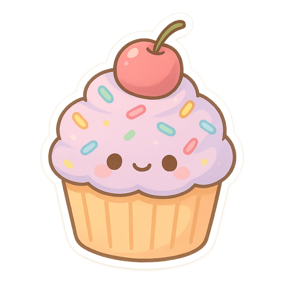 pastel-colored cupcake with rainbow sprinkles and a cherry on top sticker
