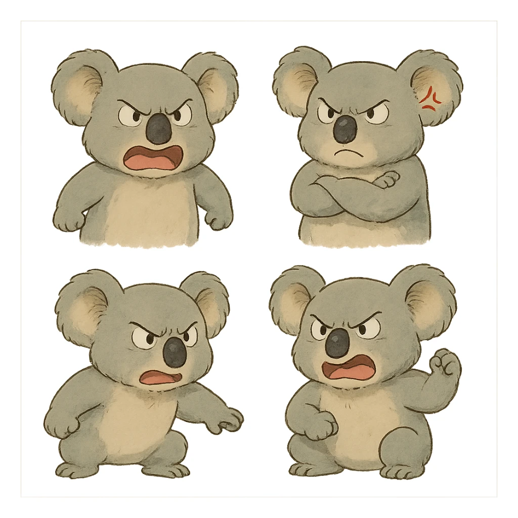 angry koala with different poses and expressions in ghibli style sticker