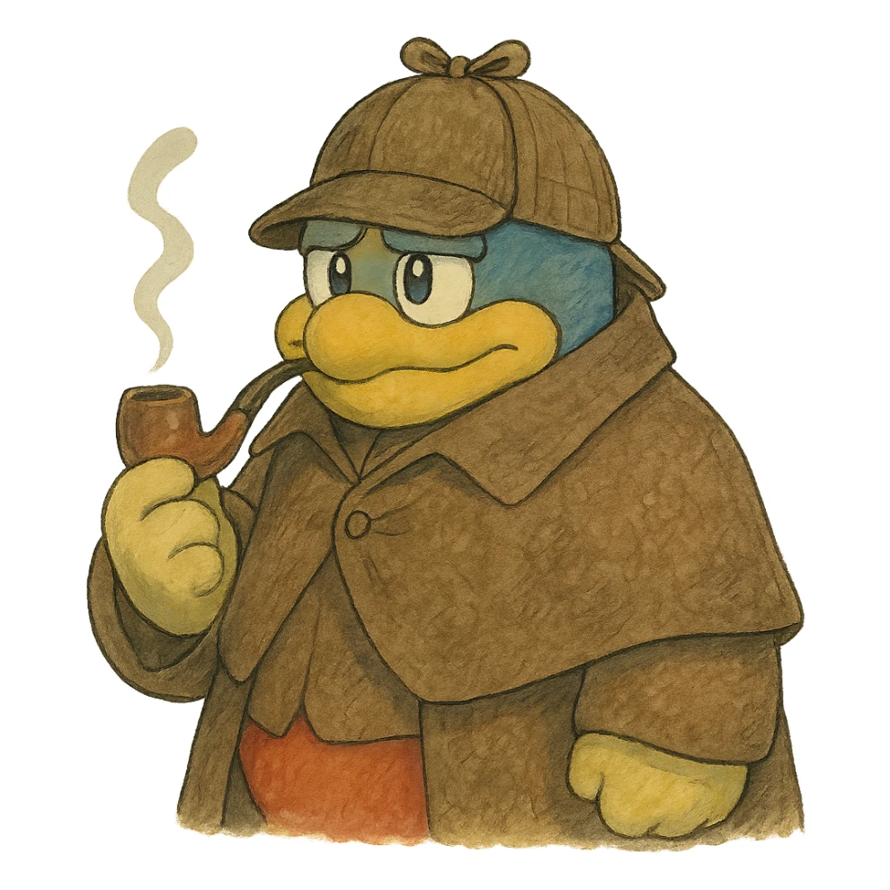 King Dedede from Kirby as a detective, wearing a deerstalker hat and holding a pipe, ghibli style sticker