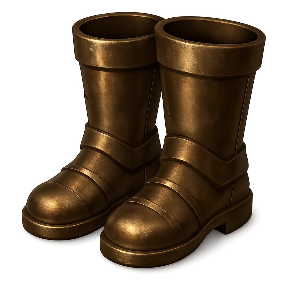 Make the bronze boots look more realistic and metallic, like the bronze helmet. Add shine and a worn bronze texture in the style of emoji style. Transparent background. sticker
