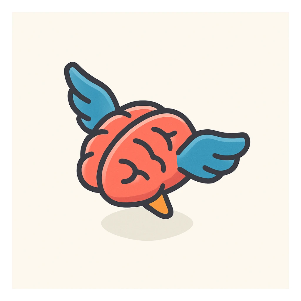 brain with wings, symbol of liberation from limiting beliefs, 2D isometric style, simple shape, clear shadows and highlights sticker