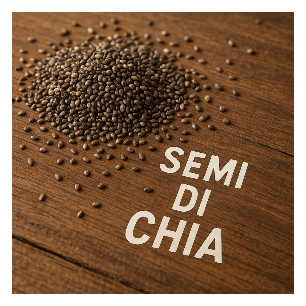 photo realistic chia seeds scattered on a wooden table with the text 'semi di chia' in Italian sticker