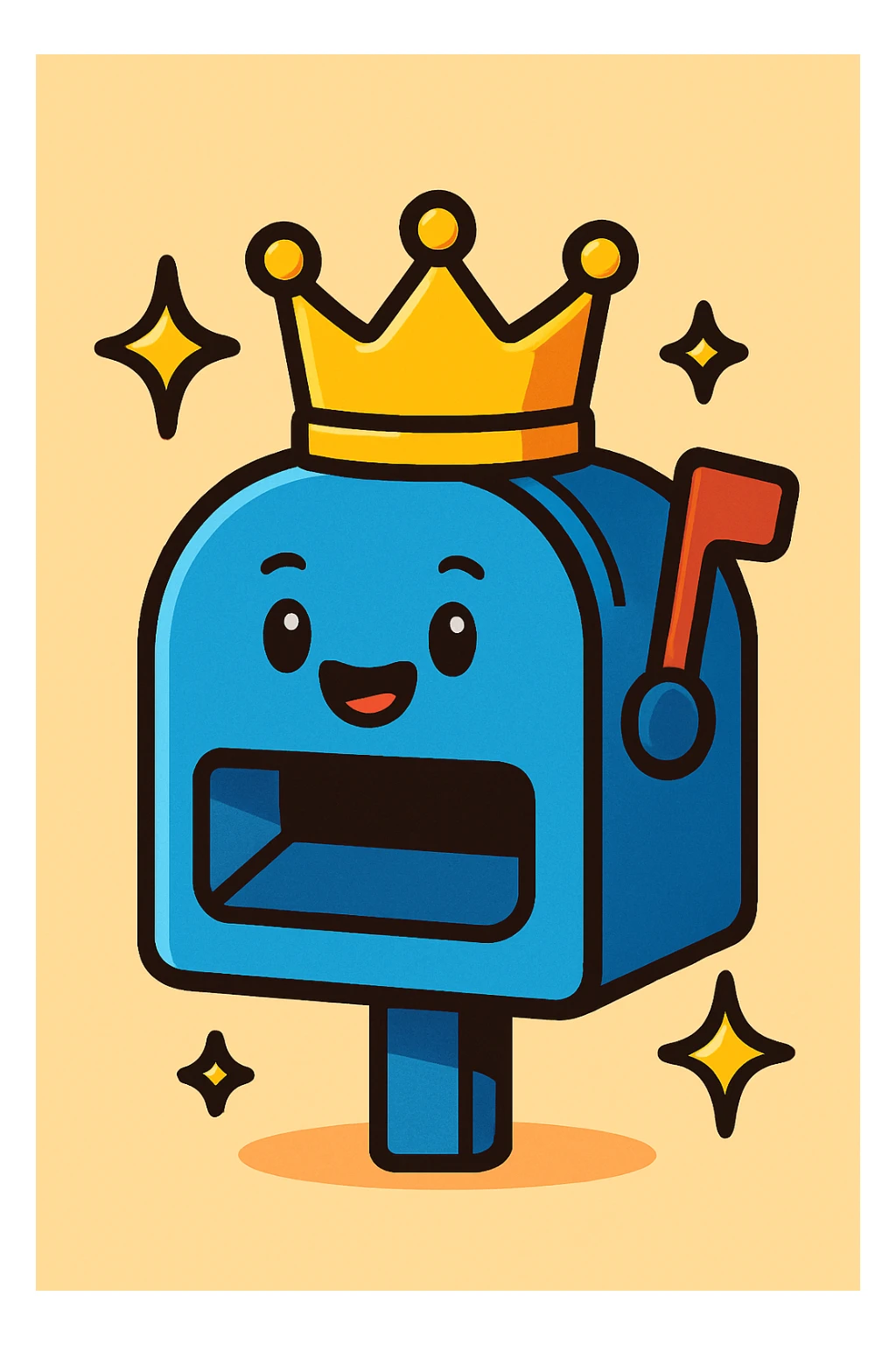 mailbox with a crown and sparkles, showing high reputation, vibrant cartoon style sticker