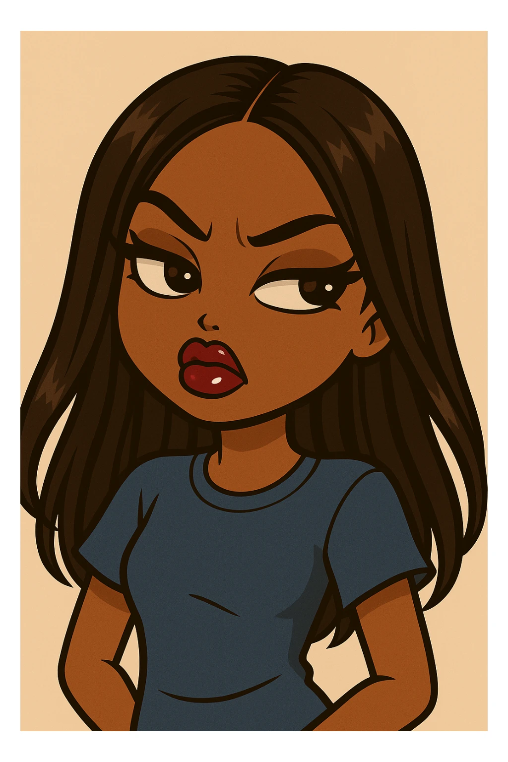 Change the expression to angry with a snooty attitude, keep the side-eye pose, headshot only, 20-year-old anime Bratz style woman with dark skin, straight hair, more casual outfit, big expressive eyes, glossy lips, no hat, no tears, nose turned up. sticker