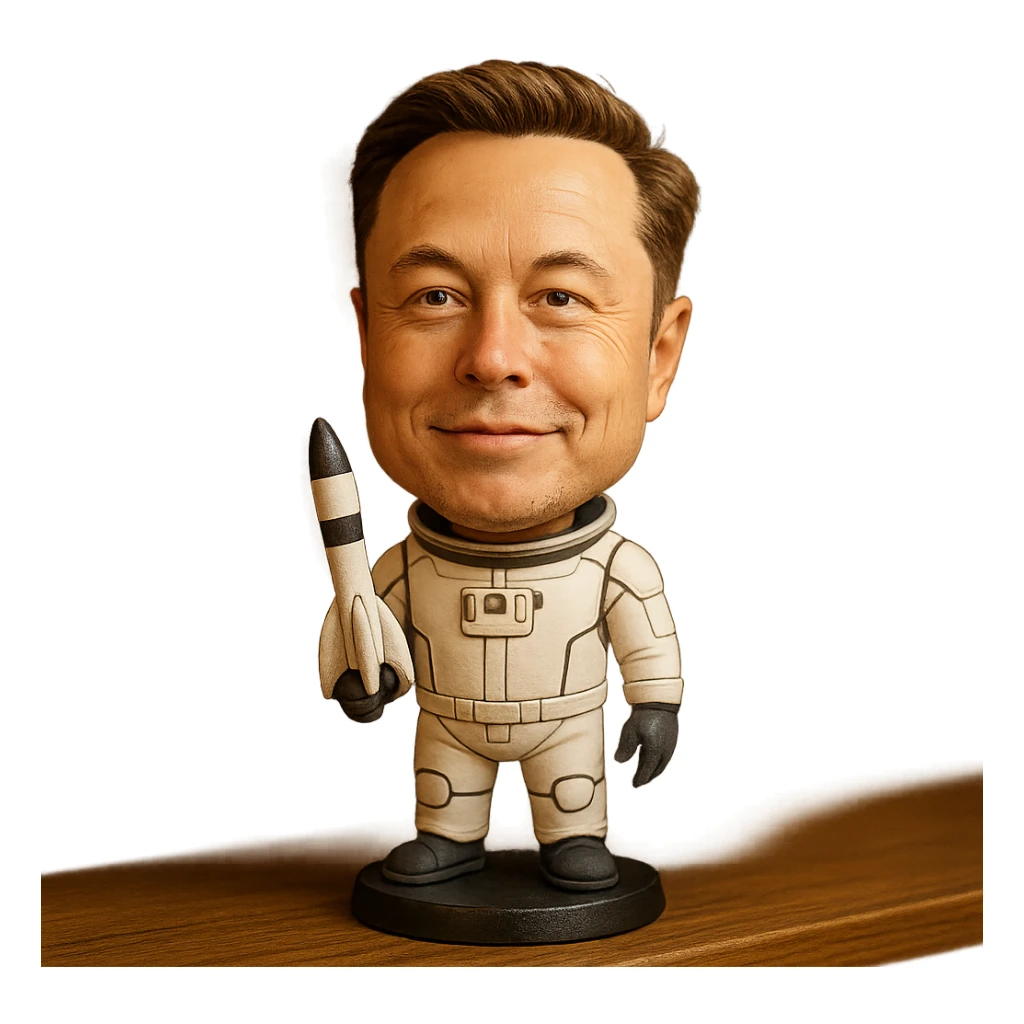 bobblehead of Elon Musk in a space suit holding a small rocket sticker
