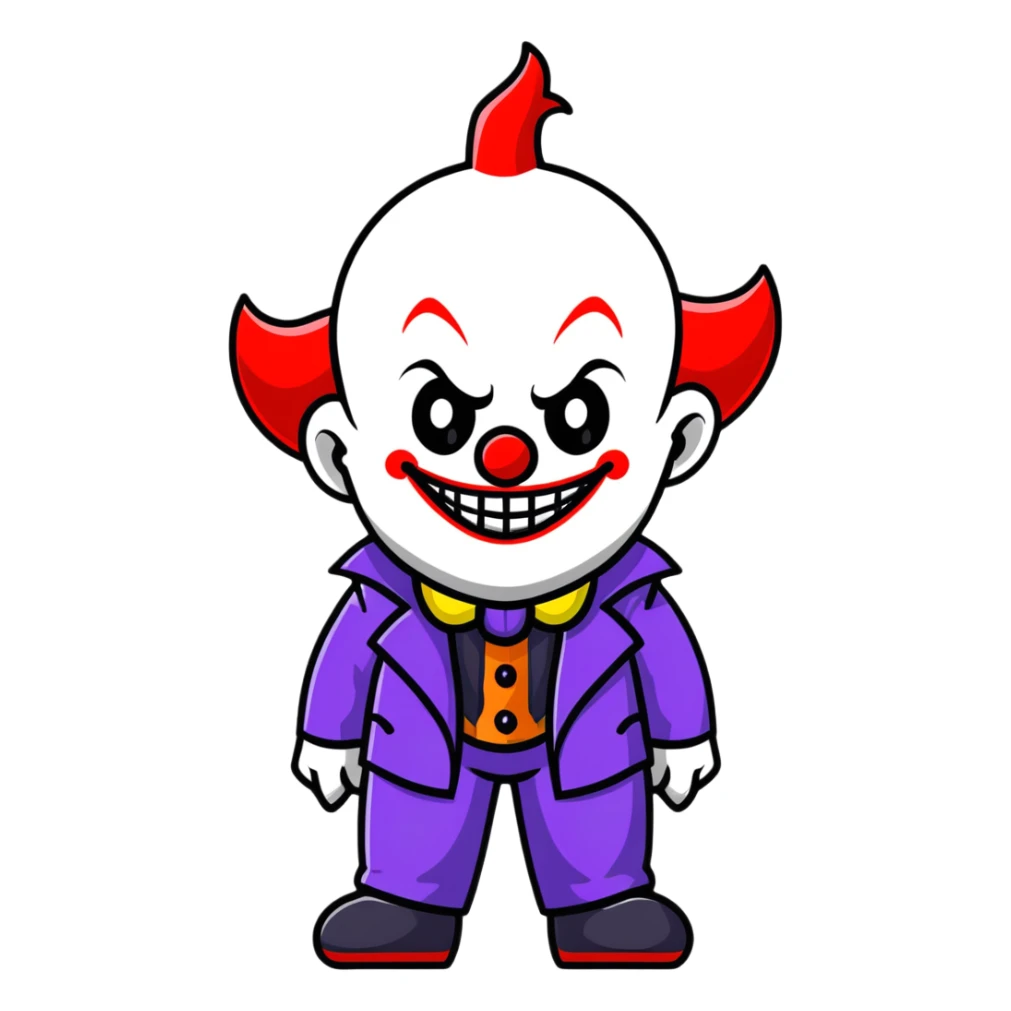 demonic clown wearing a leisure suit, bald with different horn styles sticker