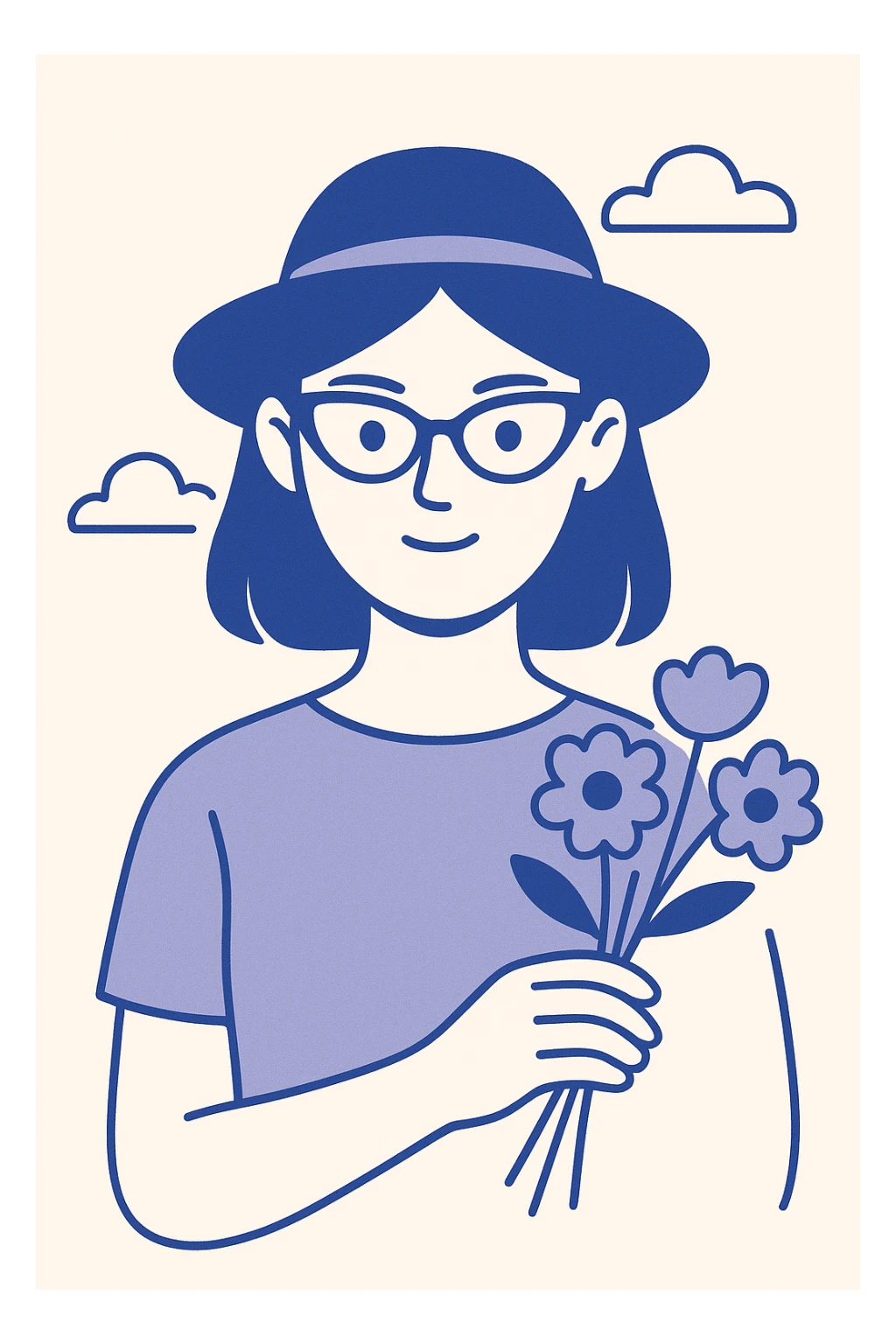 a girl with an oval face shape, wearing cat eye spectacles, a hat on her head, and holding flowers in her hand, clean modern illustration style sticker
