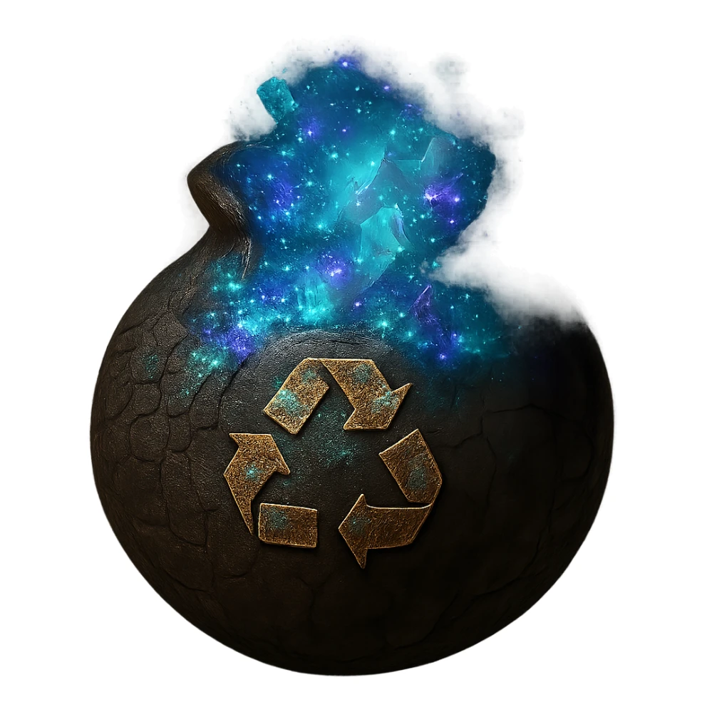 Create a 'full' version of the Elden Ring Cracked Pot style recycle bin icon. The pot should be identical in style and angle to the original, but filled with glowing magical debris or mystical trash inside. Maintain the Elden Ring Cracked Pot style and transparent background, 1080 x 1080 resolution. sticker