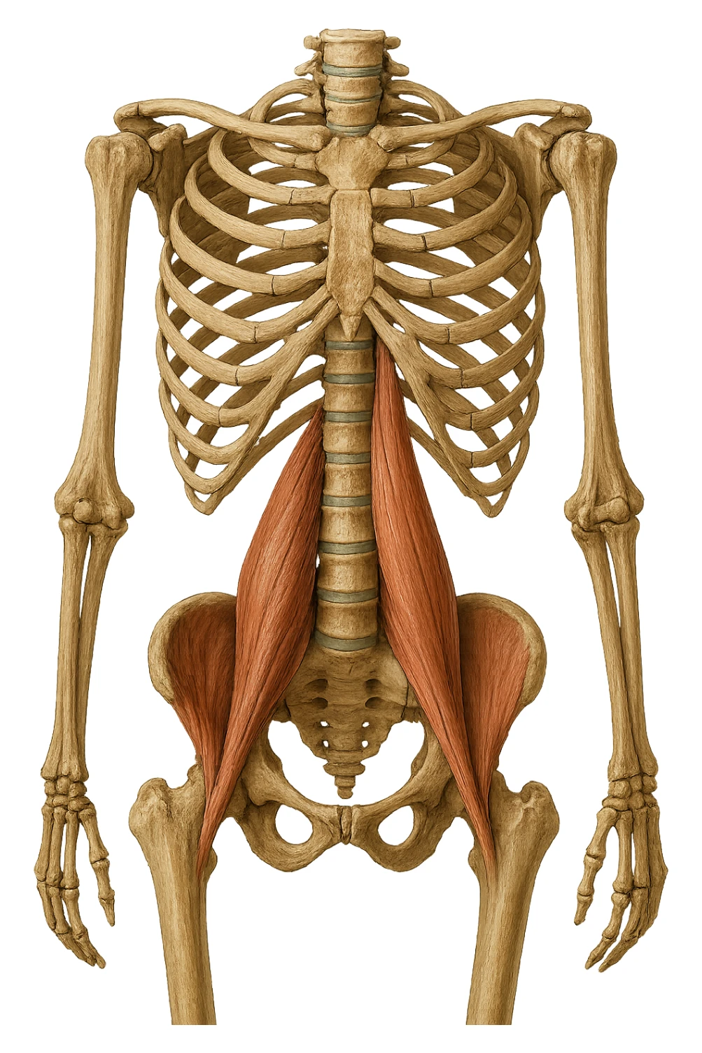 fai un immagine identica che riguarda IL MUSCOLO PSOAS i in evidenza (anatomicO) con colori naturali di un corpo umano. falla iperrealistica anatomica in 4k sticker