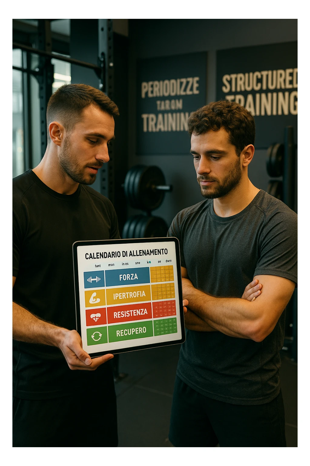 realistic cinematic photo a personal trainer and a client stand in a modern gym, reviewing a large, color-coded training calendario or chart on a tablet. The calendario shows different phases (Forza, Ipertrofia, Resistenza, Recupero) with icons and dates. Around them, gym equipment and motivational posters reinforce the idea of structured, periodized training. in italiano sticker