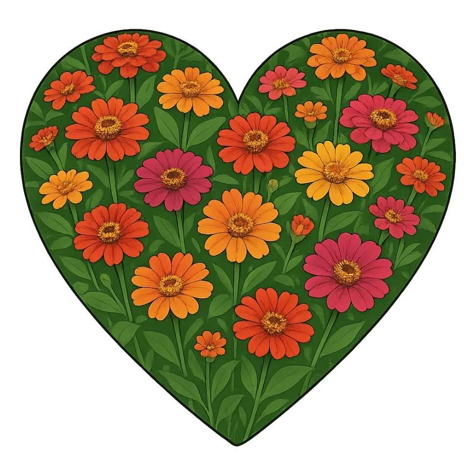 heart with a vibrant zinnia field, clean digital illustration, no background sticker