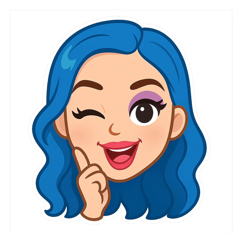 Katy Perry as an emoji, with blue hair and bold makeup, playful expression, no text sticker