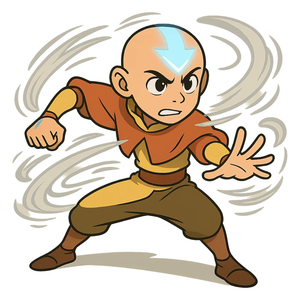 Avatar Aang, dynamic action pose, blue arrow glowing, swirling air, determined look sticker
