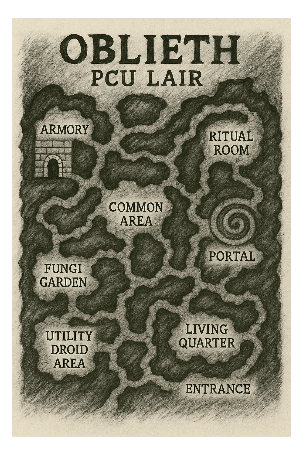 a hand drawn map of how to navigate the Oblieth cave system to find the PCU Lair sticker