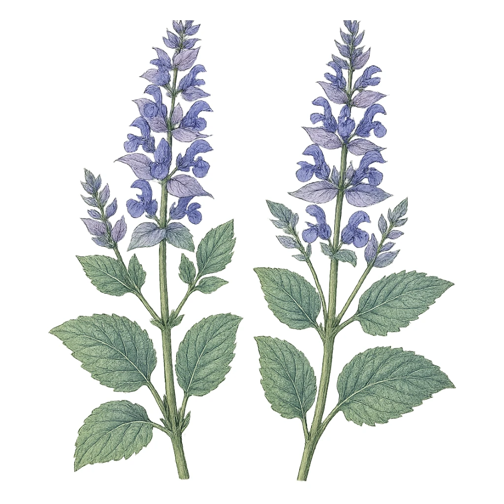 two blue-purple clary sage stems, no pot, detailed, isolated, botanical style sticker