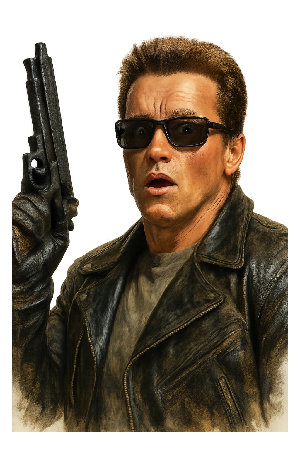Terminator Arnold Schwarzenegger with sunglasses, surprised look, holding a gun up, realistic painted style sticker