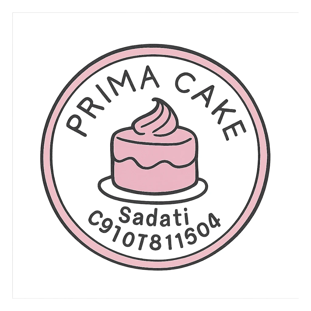 A circular logo for Prima Cake bakery with a pink cake at the center, featuring the text Prima Cake in English and the contact info Sadati 09107811504 below it. The logo should have a pink circular border and a white background, designed to be printable for cake decoration. The style should be elegant and suitable for a bakery sticker